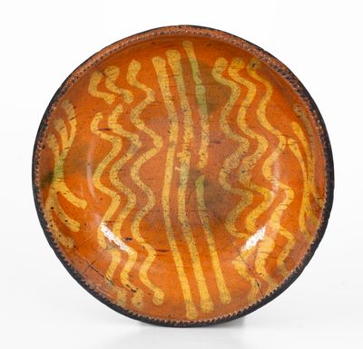 PA Redware Plate w/ Elaborate Yellow and Green Slip Decoration, possibly Philadelphia