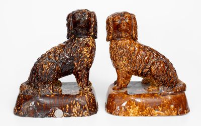 Lot of Two: Rockingham-Glazed Spaniel Doorstops, probably East Liverpool, Ohio