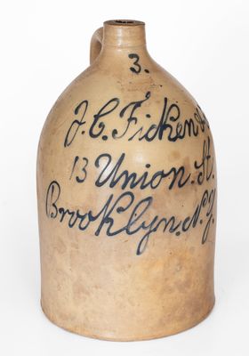 3 Gal. Brooklyn, NY Stoneware Script Advertising Jug, UNION POTTERY / NEWARK, NJ