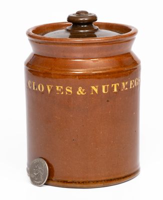 Rare and Fine Dodge Pottery, Portland, Maine Redware CLOVES & NUTMEGS Spice Jar