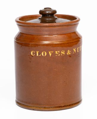 Rare and Fine Dodge Pottery, Portland, Maine Redware CLOVES & NUTMEGS Spice Jar