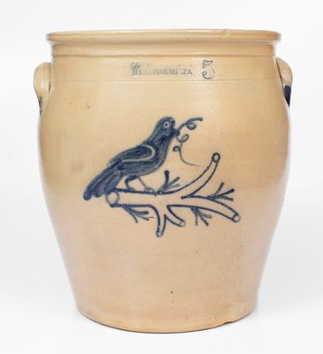 Rare 5 Gal. COWDEN & WILCOX / HARRISBURG, PA Stoneware Jar w/ Unusual Bird Design