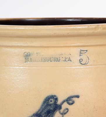 Rare 5 Gal. COWDEN & WILCOX / HARRISBURG, PA Stoneware Jar w/ Unusual Bird Design