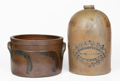 Lot of Two: Cake Crock attrib. David Parr, Jr., Richmond, VA and STAUNTON, VA Advertising Jug