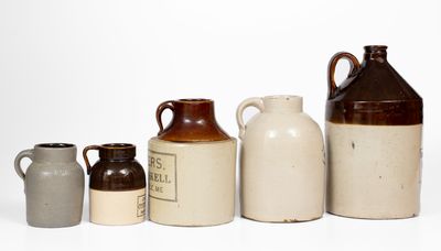 Lot of Five: Four Stoneware Oyster Jars with GREENSBURG, PA Advertising Jug