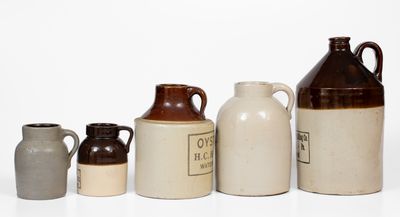 Lot of Five: Four Stoneware Oyster Jars with GREENSBURG, PA Advertising Jug