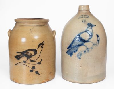 Lot of Two: Stoneware w/ Bird Decorations incl. WEST TROY / NY / POTTERY Jug