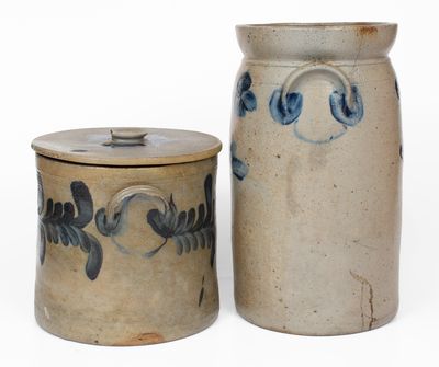 Lot of Two: Remmey, Philadelphia, PA Lidded Cake Crock and Baltimore Stoneware Churn