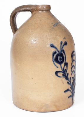 W. ROBERTS / BINGHAMTON Stoneware Jug w/ Bold Slip-Trailed Floral Decoration