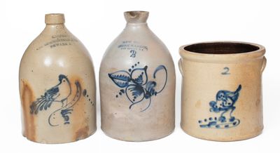 Lot of Three: 2 Gal. Stoneware Vessels incl. NEWARK Bird Jug, FORT EDWARD Syrup Jug, Chicken Crock