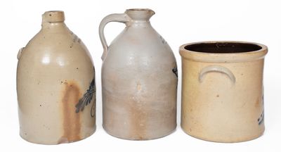 Lot of Three: 2 Gal. Stoneware Vessels incl. NEWARK Bird Jug, FORT EDWARD Syrup Jug, Chicken Crock