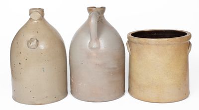 Lot of Three: 2 Gal. Stoneware Vessels incl. NEWARK Bird Jug, FORT EDWARD Syrup Jug, Chicken Crock