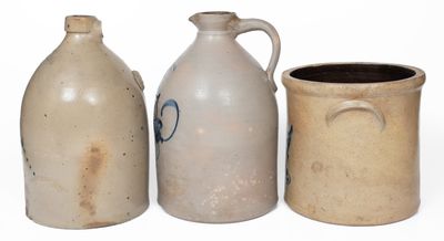 Lot of Three: 2 Gal. Stoneware Vessels incl. NEWARK Bird Jug, FORT EDWARD Syrup Jug, Chicken Crock