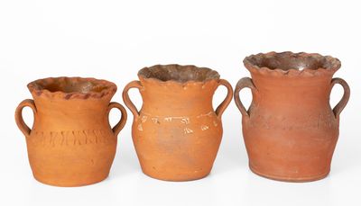 Lot of Three: Henry Schofield (Cecil County, MD) Redware Vases w/ Crimped Rims and Stamped Decorations