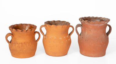 Lot of Three: Henry Schofield (Cecil County, MD) Redware Vases w/ Crimped Rims and Stamped Decorations