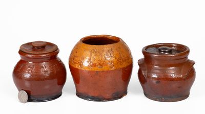 Lot of Three: Redware Vase and Two Sugar Bowls attrib. Henry Schofield, Cecil County, MD