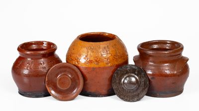 Lot of Three: Redware Vase and Two Sugar Bowls attrib. Henry Schofield, Cecil County, MD