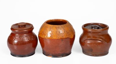 Lot of Three: Redware Vase and Two Sugar Bowls attrib. Henry Schofield, Cecil County, MD