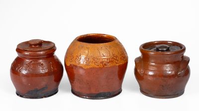 Lot of Three: Redware Vase and Two Sugar Bowls attrib. Henry Schofield, Cecil County, MD