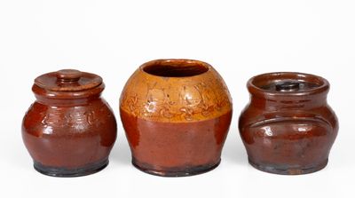 Lot of Three: Redware Vase and Two Sugar Bowls attrib. Henry Schofield, Cecil County, MD