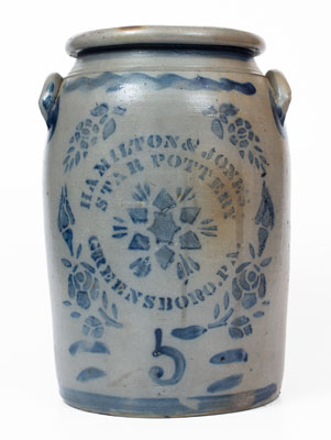 5 Gal. HAMILTON & JONES / STAR POTTERY / GREENSBORO, PA Stoneware Jar