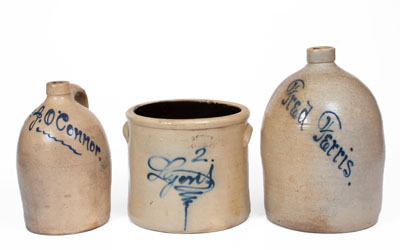 Lot of Three: New York Stoneware Vessels w/ Cobalt Script Names