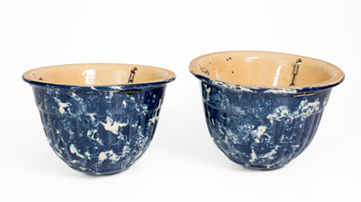 Matched Pair of Blue Spongeware Hanging Baskets