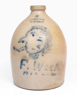 Rare Poughkeepsie, NY Stoneware Jug w/ Cobalt Smoking Face Decoration, Inscribed 