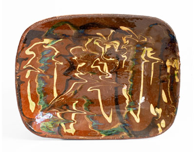 Rare and Fine Norwalk, Connecticut Redware Loaf Dish w/ Three-Color Marbled Slip Decoration