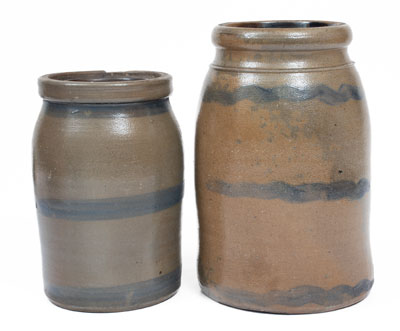 Two Western PA / West Virginia Stoneware Striped Canning Jars