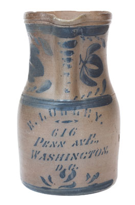 Very Rare E. LULLEY. / 616 / PENN AVE. / WASHINGTON, / D.C. Stoneware Pitcher