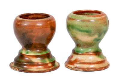 Two Multi-Glazed Redware Egg Cups, J. Eberly & Co. or S. Bell & Sons, Strasburg, c1890