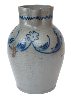 Fine Two-Gallon Baltimore Stoneware Pitcher w/ Slip-Trailed Floral Decoration, c1820