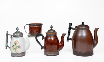 Four Ceramic Vessels with Tinwork, Most Marked F. SCHIFFERLE, ST. LOUIS, MO