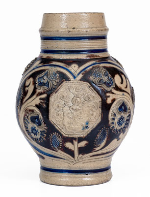 Cobalt-and-Manganese-Decorated Westerwald Stoneware Mug w/ Sprig-Molded Decoration, 1688