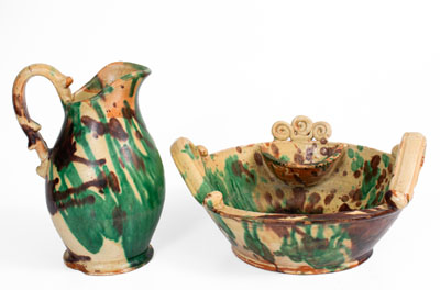 Shenandoah Valley Multi-Glazed Redware Pitcher and Bowl Set, circa 1890