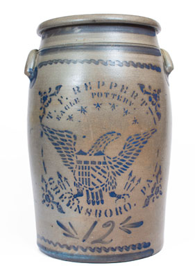 Fine 12-Gallon T.F. REPPERT / EAGLE POTTERY / GREENSBORO, PA Stoneware Jar w/ Eagle Motif