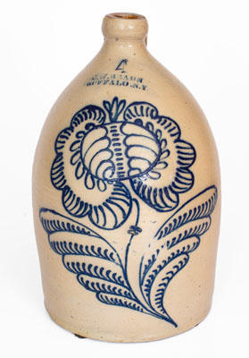 Outstanding C. W. BRAUN / BUFFALO, NY Stoneware Jug w/ Oversized Slip-Trailed Floral Decoration