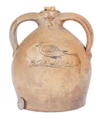 Rare Small-Sized Double-Handled Stoneware Jug w/ Incised Bird, probably Julius Norton, Bennington, VT