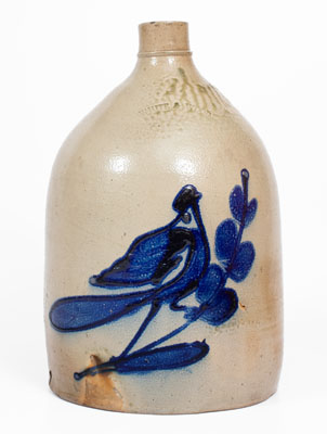 WHITE & WOOD (Utica, NY) Stoneware Jug with Cobalt Paddletail Bird Decoration