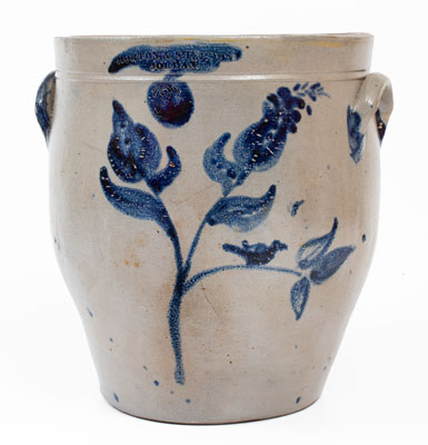 Very Rare MORTON & SHELDON / JORDAN, New York Stoneware Jar w/ Cobalt Floral and Bird Motif