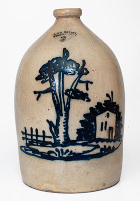 Rare J. & E. NORTON, / BENNINGTON, VT Stoneware Jug w/ Cobalt Tree, House, and Fence Motif