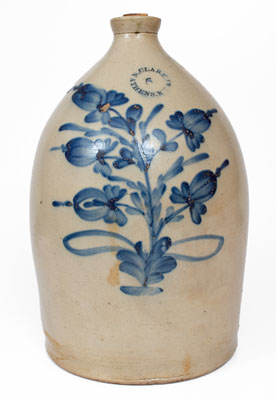 Five-Gallon N. CLARK, JR / ATHENS, NY Stoneware Jug w/ Elaborate Cobalt Floral Decoration