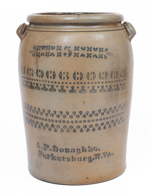 Five-Gallon A.P. Donaghho, / Parkersburg, W. Va. Stoneware Jar, circa 1880