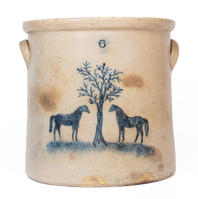 Rare Six-Gallon Stoneware Crock w/ Horse-and-Tree Motif, att. Somerset Potters Works, Massachusetts