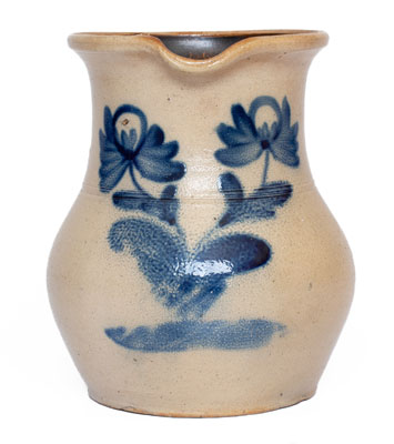 Attrib. Nathan Clark, Jr., Athens, NY Stoneware Pitcher w/ Elaborate Cobalt Floral Decoration