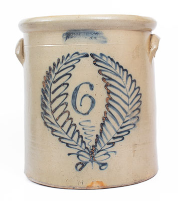 Six-Gallon BURGER & CO. / ROCHESTER N.Y. Stoneware Crock w/ Cobalt Wreath Decoration