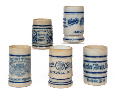 Five Molded Stoneware Mugs with Beverage Advertising, attrib. White's Pottery, Utica, NY