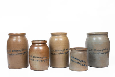 Lot of Five: A. P. Donaghho / Parkersburg, W. VA Stoneware Jars incl. Tophat Canning Jar