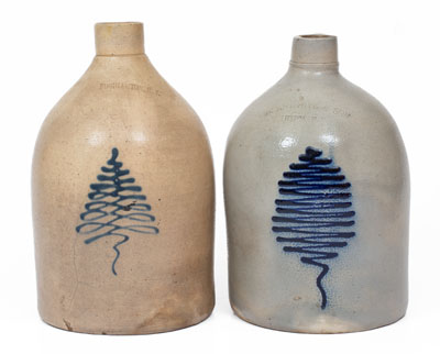 Lot of Two: New York State Stoneware Jugs w/ Slip-Trailed Pine Tree Decoration